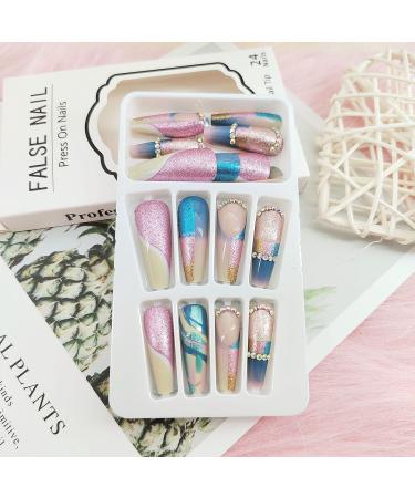 Extra Long Coffin Press on Nails - 24Pcs Full Cover Sequins & Rhinestones Acrylic Stick on Fake Nails for Women - Matte Finish with Glue - Buy Online on GoSupps.com