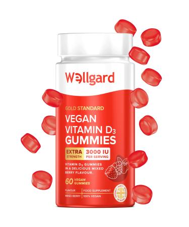 Wellgard High Strength Vitamin D3 Gummies 3000 IU - 60 Vegan Vitamin D Gummies Adults Chewable Vitamin D Mixed Berry Flavour