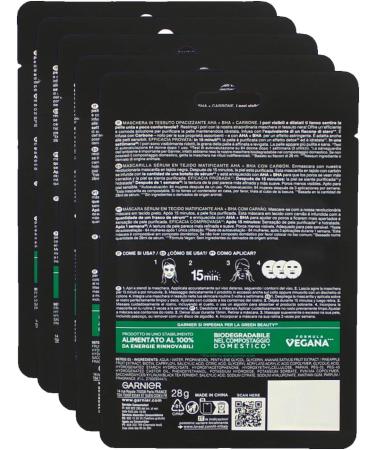 Garnier Masque en tissu purifiant et hydratant Skin Active Pure Charcoal pour peaux normales mixtes effet d tox matant avec charbon acide hyaluronique LHA et th noir lot de 5 - Buy Online on GoSupps.com