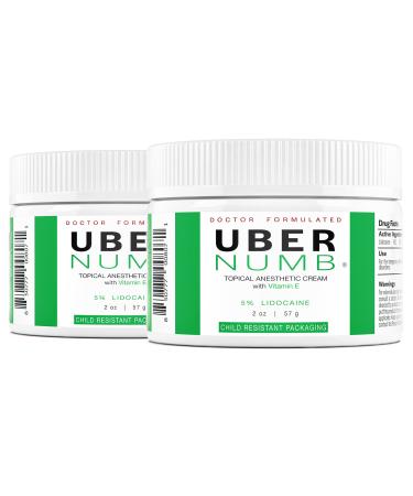 Uber Numb 5% Lidocaine Topical Numbing Cream, (2 Pack), 2 Ounce, Advanced Formula Rapid Absorption Non-Oily