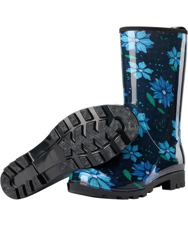 HISEA Women's Mid Calf Rain Boots - Waterproof Rubber Garden Shoes | Comfort Insole, Blue Flower Design - Buy Online on GoSupps.com