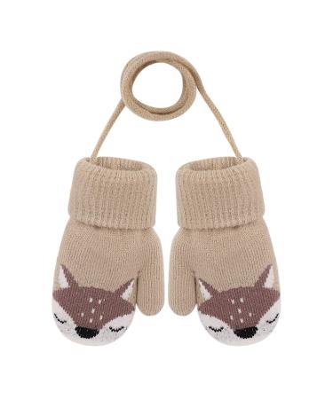 Girls Boys Cute Fox Knitting Short Full Finger Gloves Toddler Kids Winter Thermal Plush Lining Cycling Camping Gloves Mitten for 1-3 Yrs Khaki