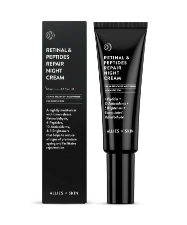 Allies of Skin Retinal & Peptides Repair Night Cream: Retinaldehyde Hyaluronic Acid Argan Oil. Overnight Mask. Antioxidant. Hydrates Brightens & Rejuvenates Skin Without Irritation 1.7 oz