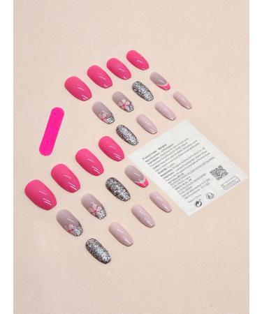 24pcs Bright Pink Press on Nails Glitter French Fake Nail Pink Short Coffin Nails Press on Nails Coffin Shape Nails For Women's - Buy Online on GoSupps.com
