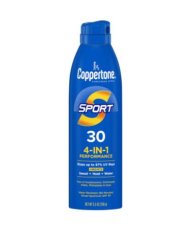 Coppertone Sport Sunscreen Spray SPF 30 Water Resistant Spray Sunscreen for Body 5.5 Oz (Packaging May Vary) Blue 5.5 Ounce (Pack of 1)