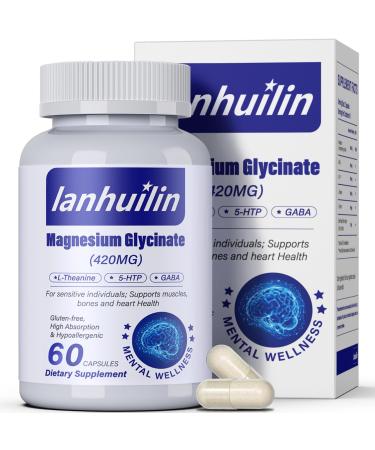 6-in-1 Magnesium Complex 420mg Pure Magnesium Glycinate Magnesium Supplement with GABA 5-HTP L-Theanine L-Tyrosine Vegetarian & High Absorption 60 Capsules 60 Count (Pack of 1) White