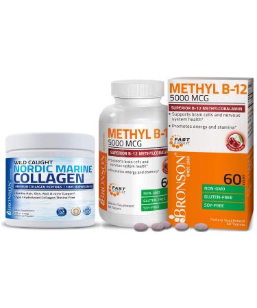 Bronson Marine Collagen Peptides Hydrolyzed Protein Powder + Methyl B12 5000 mcg Vitamin B12 Methylcobalamin