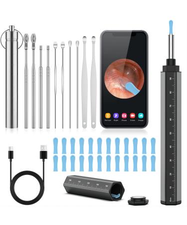 Ear Wax Removal Tool Camera for iOS & Android - Ear Wax Removal Kit Ear Cleaner with Camera HD 1296P 10 Ear Picks 24 Silicone Spoons Ear Camera for Cleaning - Black