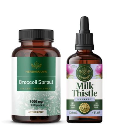 HERBAMAMA Broccoli Sprout and Milk Thistle Kit - Bundle of 1000 mg Broccoli Sprout Capsules & Milk Thistle Extract 4 fl oz - Vegan Non-GMO Sugar & Alcohol-Free - 2 Pack