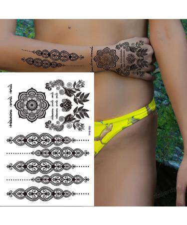 Black Henna Temporary Tattoos Set - Sexy Lace, Indian Mandala, Elephant, Flower Chain Designs - Waterproof Body, Arm, Face Decals for Wedding Party - 6 Sheets - Buy Online on GoSupps.com