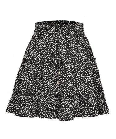 LAEMILIA Womens Elastic Waist Flared Short Skirt Floral Print Pleated Mini Skater Skirt with Drawstring M Black