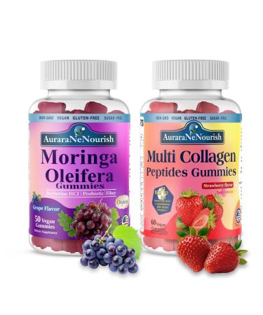 AuraraNeNourish 2 Pack Multi Collagen Peptides Gummies + Moringa Gummies Vegan Non GMO Sugar Free
