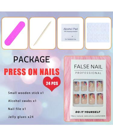 Square Press on Nails - TUZADNW Flower Design | 24 Pcs Glossy Short Fake Nails for Women - Artificial Nude Full Cover Acrylics - Buy Online on GoSupps.com