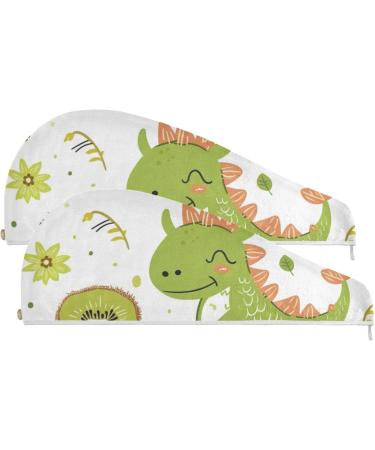 Green Dinosaurs Kiwi Fruit Hair Towel 2 Pack | Super Absorbent Quick Dry Hair Turbans for Women & Girls - Buy Online on GoSupps.com