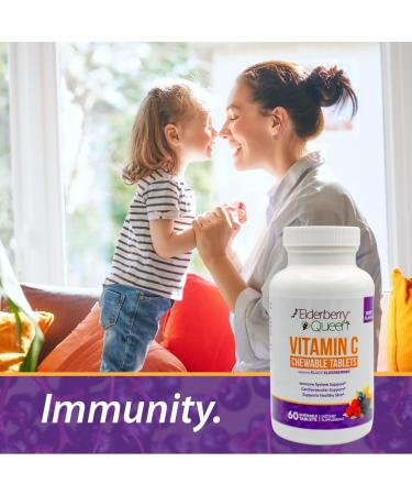 Elderberry Queen Chewable Vitamin C 500mg - Immune Boost & Antioxidant Support Tablets with Vitamin A, E & Organic Echinacea, Elder Fruit, Acerola - Natural Dietary Supplement, 60 Count - Buy Online on GoSupps.com