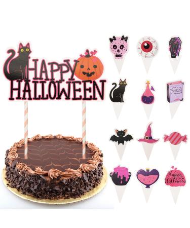CHEERYMAGIC Halloween Cupcake Toppers Happy Halloween Cake Toppers Pink Halloween Cake Decorations Pumpkin Black Cat Cupcake Picks for Halloween Party Decoration A9FSWSCP