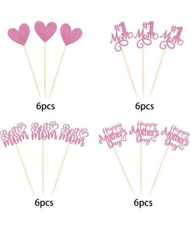 Pack of 24 Happy Mother's Day Cupcake Toppers Glitter Number 1 Mother Love Heart Cupcake Picks Best Mum Cake Decorations for Women Birthday Happy Mother's Day Theme Party Supplies Pink Pink 2 - Buy Online on GoSupps.com