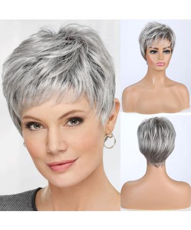 EMMOR Short Grey Human Hair Blend Wigs for Women Grey 2