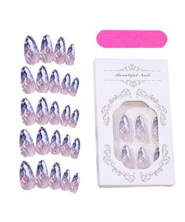 French Tip Press on Nails Almond Shape Stick on False Nails | Rhombus Crystal Fake Nail Kit in 12 Sizes Glue Included for Women Girls Nail Art Lovers