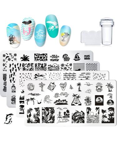 NSSHEL 4 Pcs Summer Nail Stamp Template Kit with 1 Stamper 1 Scraper Nail Stamping Plates Dolphin Starfish Coconut Leaf Nail Art Templates Nail Stamper Stencil Plates Set Manicure Nail Supplies B