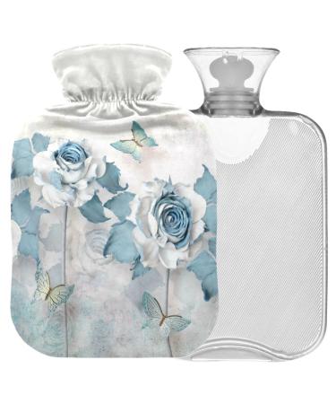 Naanle hot hot water bottle with the cover butterfly blue rose transparent hot water bottle 1l heat bottle for pain relief back hand feet heat and cold therapy