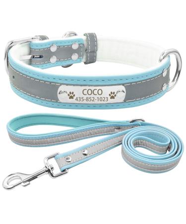 Senristar personalized reflective dog collar and leash set custom engraved warm feed dog collar with name tape for small medium large dogs & cats XL (width 3.0 cm neck circumference 45-55 cm) blue set
