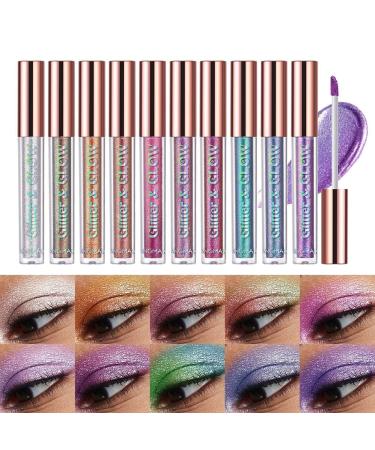 10 Colors Glitter Pearl Liquid Eyeshadow Waterproof Metallic Diamond Shimmer Eye Shadow Set Smudge-proof Shiny Eye Pigment Quick-Drying Sparkling Eye Shadow Naked Smokey Eye Looks Makeup