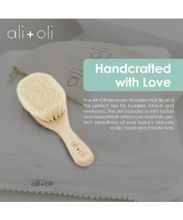 Ali+Oli Newborn Wooden Hair Brush Set with Mini Loofah | Soft Goat Bristle Infant Brush for Baby's Cradle Cap - Buy Online on GoSupps.com