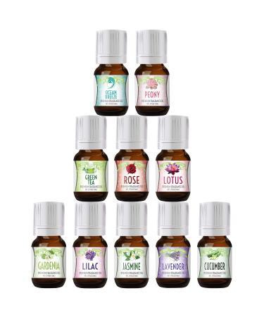 Floral Ocean Gardens Good Essential Fragrance Oil Set (Pack of 10) 5ml Set Includes Lavender, Rose, Jasmine, Lilac, Lotus, Peony, Gardenia, Green Tea, Cucumber, and Ocean Breeze Scented Oils