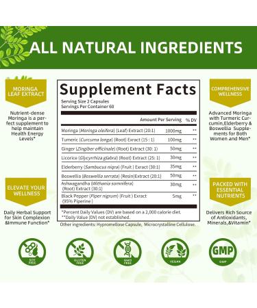 Moringa Capsules Organic 1000mg 7-in-1 Superfood with Turmeric Ginger Elderberry Licorice & Boswellia - Support Immune Skin Gut & Antioxidant-Non-GMO GMP 120 Vegan Capsules 2 Months Supply 120 Count (Pack of 1) - Buy Online on GoSupps.com