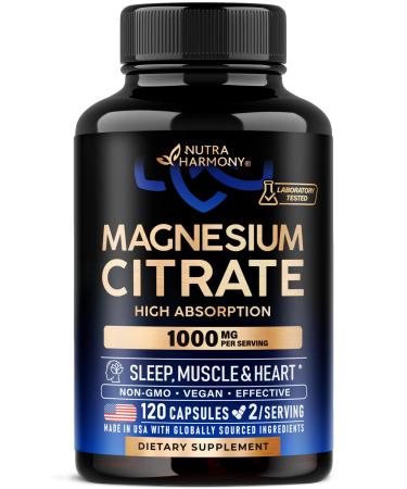 Magnesium Citrate Capsules 1000mg | High Absorption Supplement - Sleep Muscle & Heart Support - Vegan | Non-GMO - Made in USA - As Powder | Pills | Tablets - 120 Capsules 2 Month Supply 120 Count (Pack of 1)