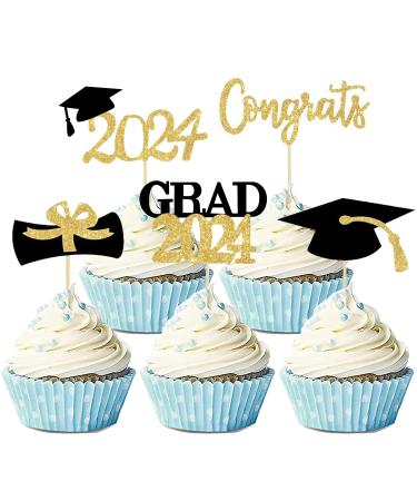 25PCS Cupcake Toppers Graduation Decorations 2024 2024 Graduation Cake Topper Glitter Gold and Black Cake Topper Grad Cap Diploma Cake Decorations 2024 Graduation Theme Party Supplies