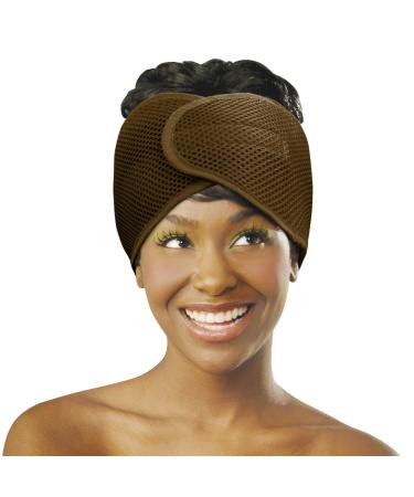 DONNA Deluxe Foam Mesh Wrap | Olive & Vitamin E Treated Headband for Curly Hair Care Face Wash & Makeup | 1PC BROWN COLOR