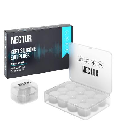NECTUR 7 Pair Reusable Ear Plugs for Sleeping 22 DB NRR Noise Cancelling Soft Silicone Ear Plugs for Sleeping Waterproof & Wax Moldable Earplugs for Ease in Work Concerts Swimming (0.6 White)