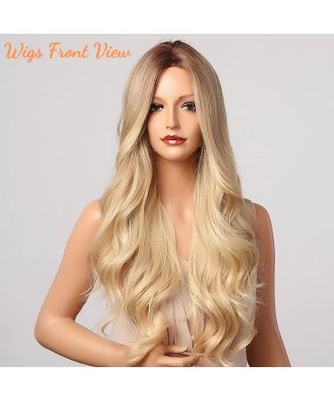 Blonde Ombre Wavy Wig with Dark Roots - Long Curly Synthetic Hair for Women - Heat Resistant Natural Looking Wig for Halloween/Party/Cosplay - Buy Online on GoSupps.com