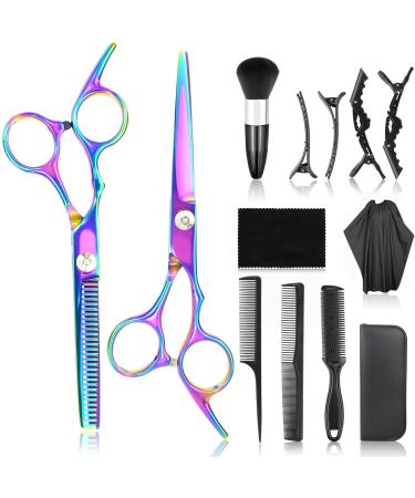 13Pcs Scissors Hair Hairdressing Professional Shears Set Thinning Cutting Clip Comb Stainless Steel Cut Pouch Kit Salon Barber Women Men Kids Black (Purple)