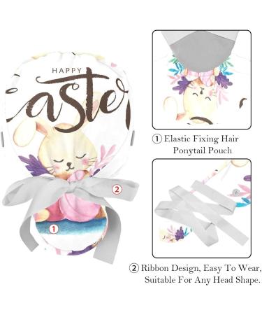 Happy Easter Bunny Scrub Surgical Caps Hats for Women - 2PCS Bouffant Working Hat with Ponytail Holder - Long Hair Covers - Pattern 01 - Buy Online on GoSupps.com