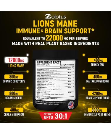 Lions Mane Mushroom Complex Capsules 22000mg with Cordeyceps, Reishi & Elderberry - Focus, Memory & Brain Support - Immune & Energy Supplement - 60 Count - Buy Online on GoSupps.com