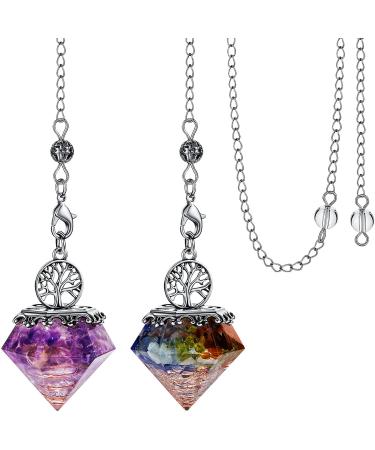 2 Pieces Chakra Pendulum Crystal Dowsing Pendulum, Natural Amethyst Pendulum, 7 Chakra Dowsing Pendulum, Pyramid Crystal Divination Orgonite