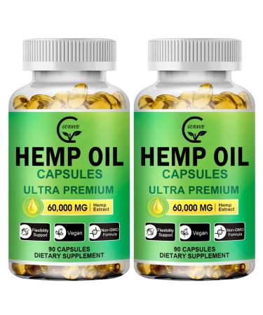 (2-Pack) High Potency Hemp Oil Capsules - 180 Veggie Softgels - 60,000 Maximum Strength, Immune System Support, Focus Calm, Relaxation, Mood, Pure Extract, Organic, Vegan, Non-GMO