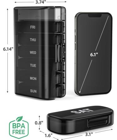 PULIV XL Weekly Pill Organizer - Extra Large 7 Compartment Travel Pill Box | Dual Protection for Medicines Vitamins and Supplements (Black - Buy Online on GoSupps.com