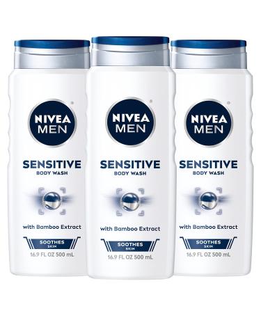 NIVEA MEN Sensitive Body Wash with Bamboo Extract, 3 Pack of 16.9 Fl Oz Bottles