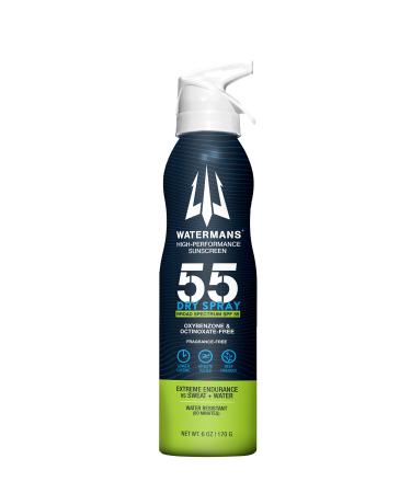 Watermans Dry Spray Sunscreen SPF 55  Reef Safe Sunscreen Spray  Broad Spectrum Sunscreen for Face and Body  Fragrance Free  Oxybenzone Free