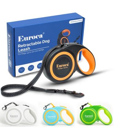 Euroca Retractable Dog Leash for Small Medium and Large Dogs Up to 110LBS- 16' Heavy Duty Reflective Nylon Tape Tangle-Free Quick-Lock Braking System Anti-Slip Handle (Medium Black) Medium Black