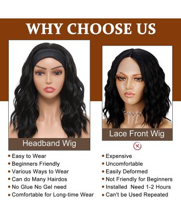Short Wavy Headband Wig for Black Women - 14 inch Natural Black Synthetic Bob, Glueless Half Wig with Headbands Attached for Daily and Party Wear - Buy Online on GoSupps.com