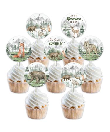 Let the Adventure Begin Baby Shower Decorations - 24pcs Woodland Creatures Cupcake Toppers Woodland Mountain Forest Jungle Safari Animal Cake Toppers for Our Greatest Adventure Party
