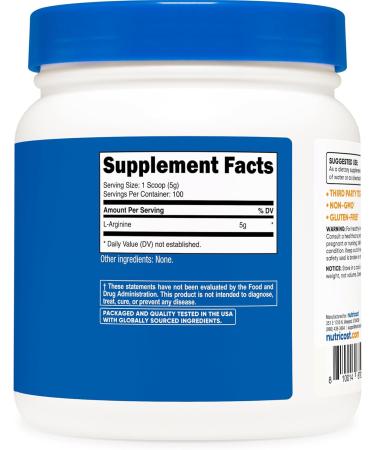 Nutricost L-Arginine Powder 500 Grams (1.1lbs) - Pure L-Arginine Powder - 5000mg Per Serving 100 Servings 1.1 Pound (Pack of 1) - Buy Online on GoSupps.com
