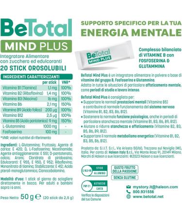 BeTotal Be Total Mind Plus Food Supplement of Magnesium Potassium and Vitamin B to support the energy metabolism of adults gluten and lactose free* 20 sachets - Buy Online on GoSupps.com