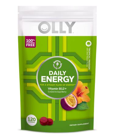 OLLY Daily Energy Gummy, Caffeine Free, Vitamin B12, CoQ10, Goji Berry, Adult Chewable Supplement, Tropical Flavor - 120 Count Pouch 80 Count