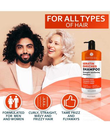 BELLISSO Keratin Enriched Shampoo - Sulfate and Paraben Free - Anti Frizz Treatment for Women and Men - Salon Repair with Silk Protein - For Dry, Frizzy, Damaged, and Color Treated Hair - Buy Online on GoSupps.com